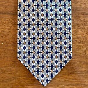 -Valerio Garati Hand Made Pure Silk Tan Gold & Navy Geo Design Men's Necktie